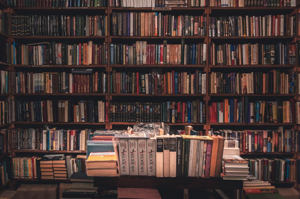 Bookshelves crammed with books.